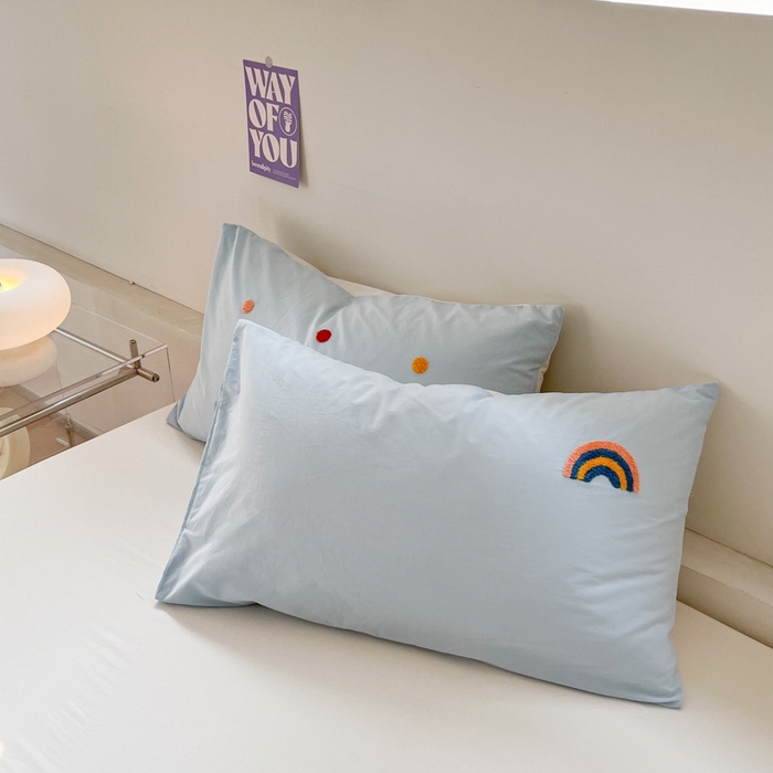 91家纺网 家纺一手货源 找家纺 慕尚家纺 2025新款全棉水洗棉毛巾绣四件套 彩虹-蓝白