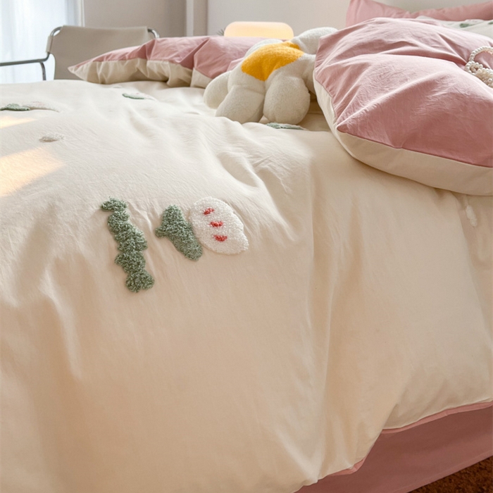 91家纺网 家纺一手货源 找家纺 慕尚家纺 2025新款全棉水洗棉毛巾绣四件套 郁金香-白粉