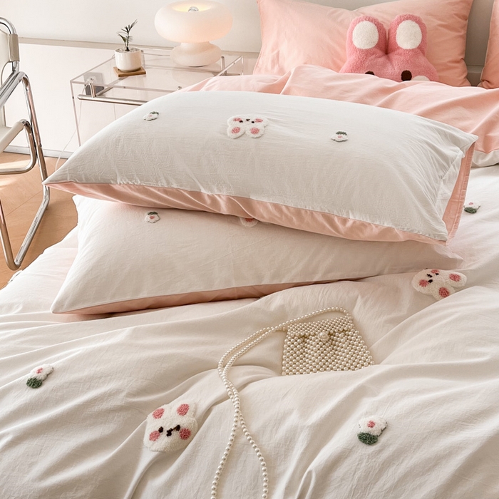 91家纺网 家纺一手货源 找家纺 慕尚家纺 2025新款全棉水洗棉毛巾绣四件套 米兔兔-白玉