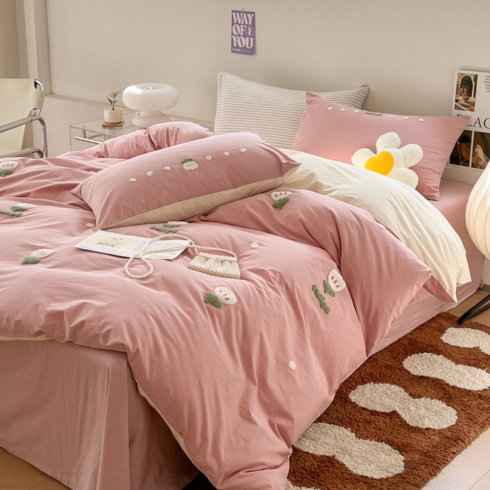 91家纺网 家纺一手货源 找家纺 慕尚家纺 2025新款全棉水洗棉毛巾绣四件套 郁金香-粉米