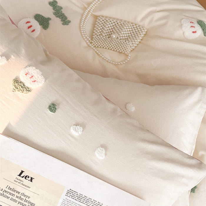 91家纺网 家纺一手货源 找家纺 慕尚家纺 2025新款全棉水洗棉毛巾绣四件套 郁金香-白粉