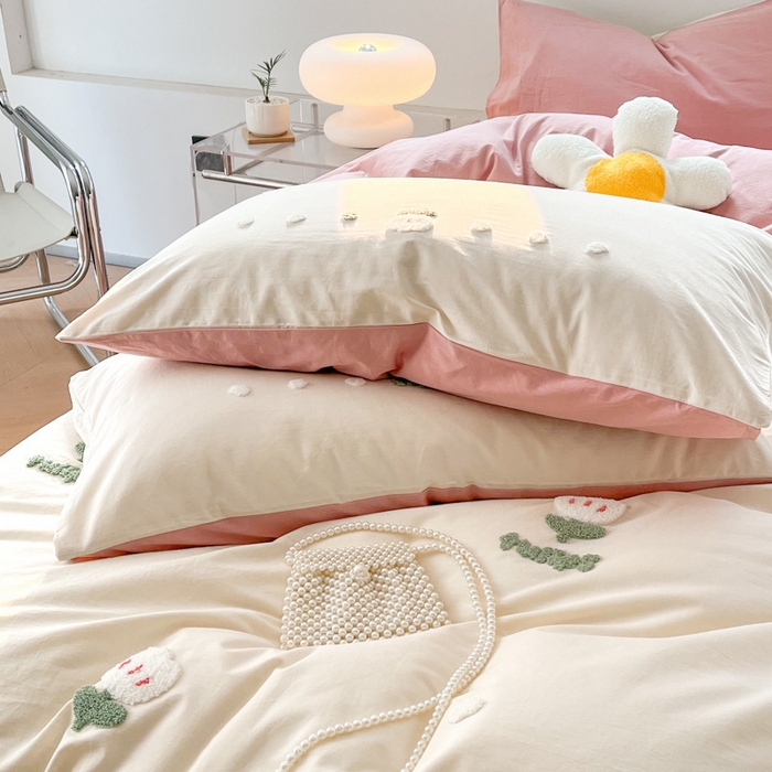 91家纺网 家纺一手货源 找家纺 慕尚家纺 2025新款全棉水洗棉毛巾绣四件套 郁金香-白粉