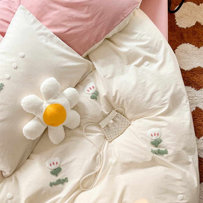 91家纺网 家纺一手货源 找家纺 慕尚家纺 2025新款全棉水洗棉毛巾绣四件套 郁金香-白粉