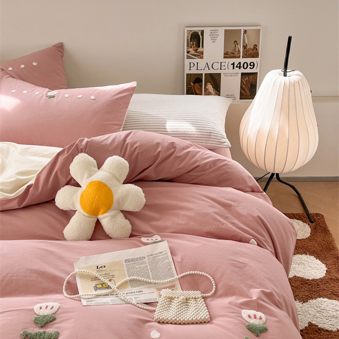 91家纺网 家纺一手货源 找家纺 慕尚家纺 2025新款全棉水洗棉毛巾绣四件套 郁金香-粉米