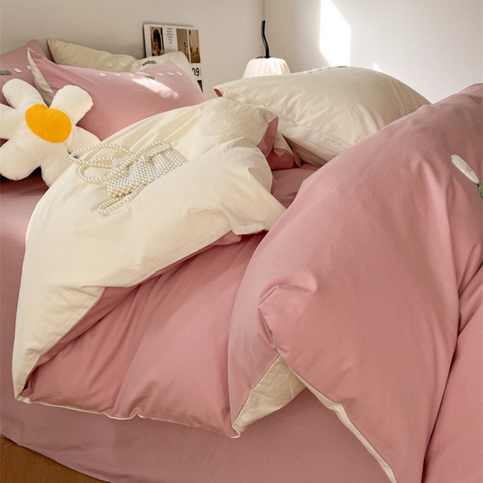 91家纺网 家纺一手货源 找家纺 慕尚家纺 2025新款全棉水洗棉毛巾绣四件套 郁金香-粉米