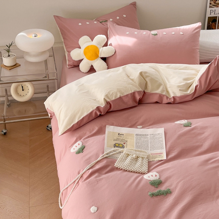 91家纺网 家纺一手货源 找家纺 慕尚家纺 2025新款全棉水洗棉毛巾绣四件套 郁金香-粉米