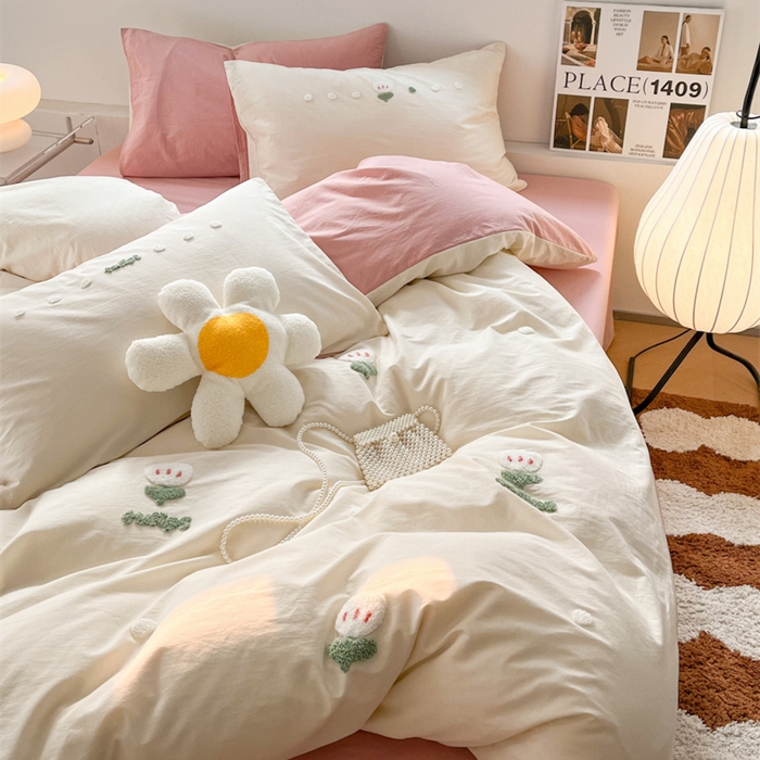 91家纺网 家纺一手货源 找家纺 慕尚家纺 2025新款全棉水洗棉毛巾绣四件套 郁金香-白粉