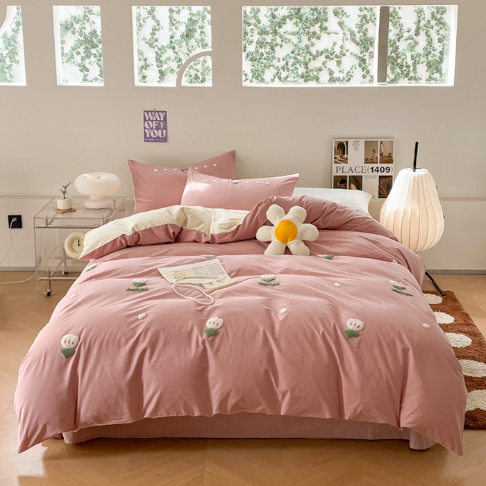 91家纺网 家纺一手货源 找家纺 慕尚家纺 2025新款全棉水洗棉毛巾绣四件套 郁金香-粉米