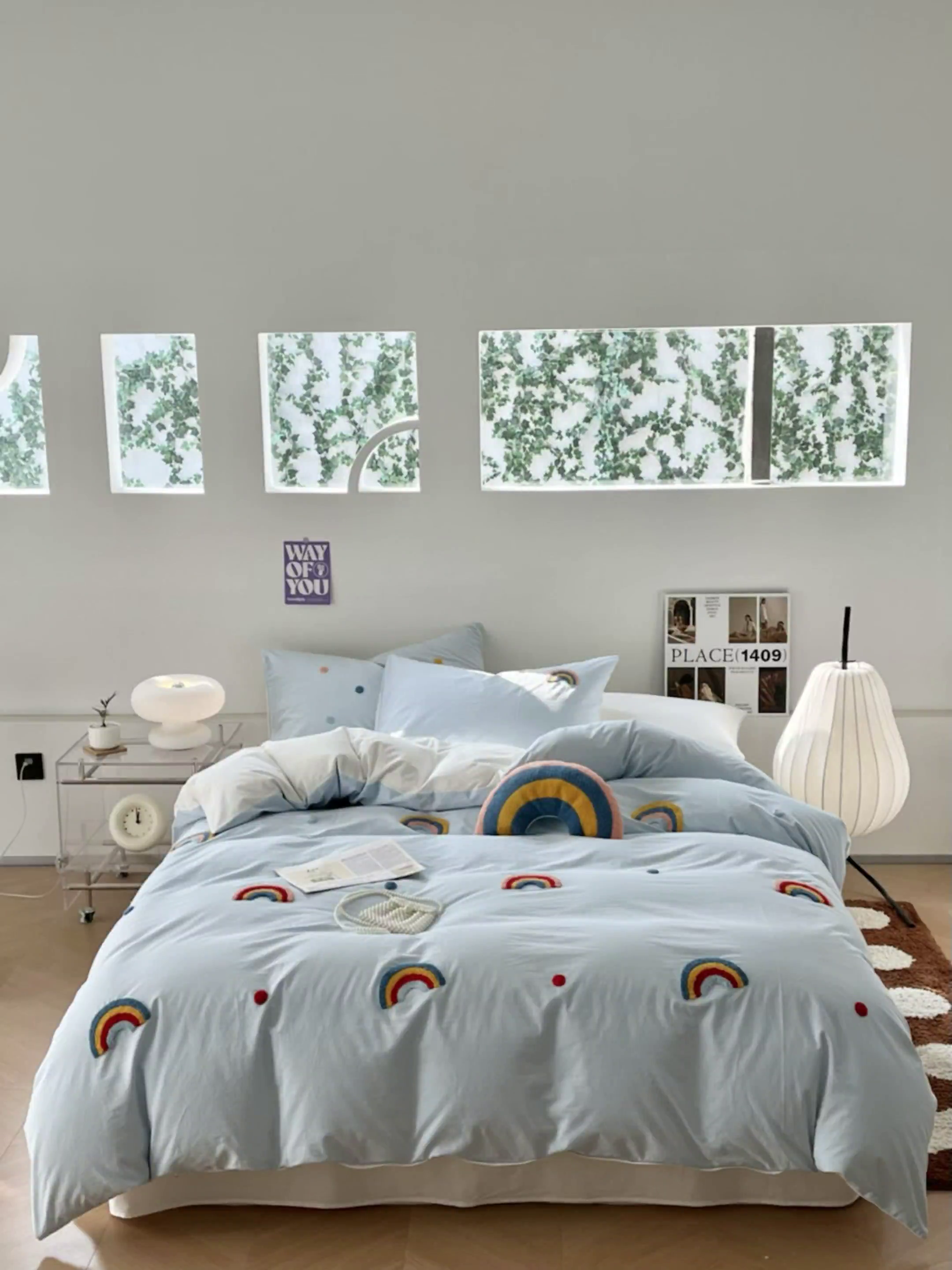 91家纺网 家纺一手货源 找家纺 慕尚家纺 2025新款全棉水洗棉毛巾绣四件套 彩虹-蓝白