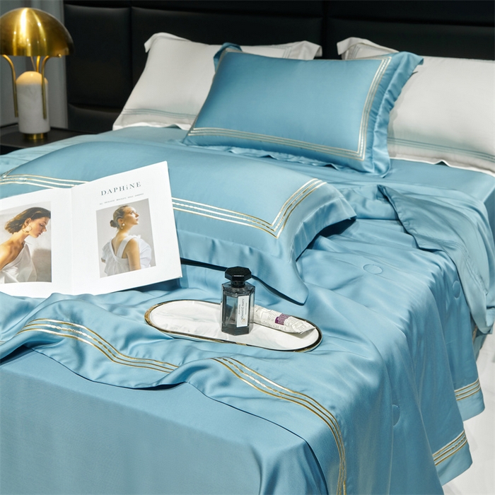 91家纺网 家纺一手货源 找家纺 榻尚家居 2023新款TS80LF纯色天丝莱赛尔天丝夏被四件套 格调 柔蓝 夏被四件套