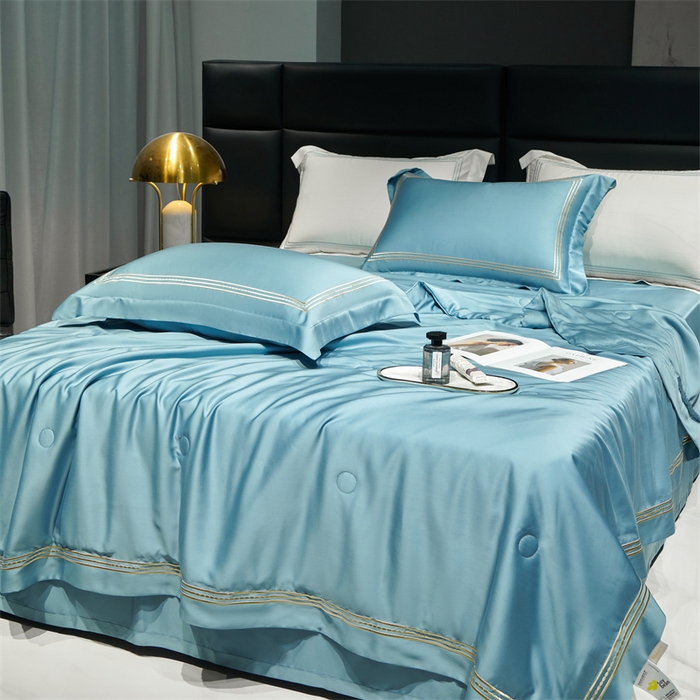 91家纺网 家纺一手货源 找家纺 榻尚家居 2023新款TS80LF纯色天丝莱赛尔天丝夏被四件套 格调 柔蓝 夏被四件套