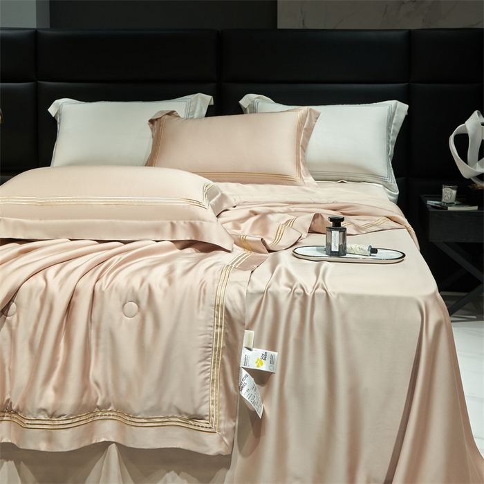 91家纺网 家纺一手货源 找家纺 榻尚家居 2023新款TS80LF纯色天丝莱赛尔天丝夏被四件套 格调 香槟 夏被四件套