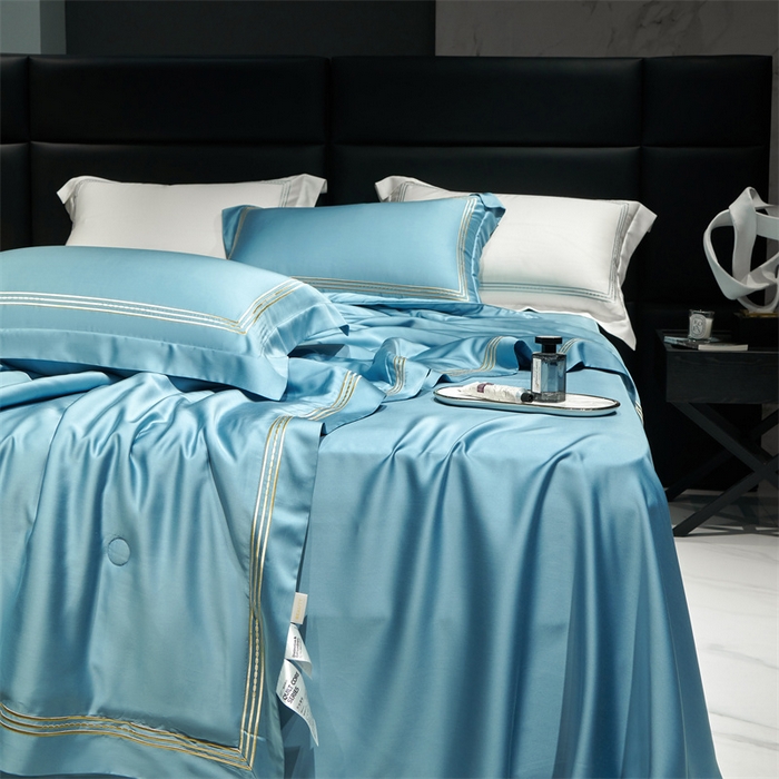 91家纺网 家纺一手货源 找家纺 榻尚家居 2023新款TS80LF纯色天丝莱赛尔天丝夏被四件套 格调 柔蓝 夏被四件套