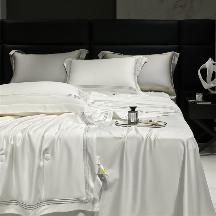 91家纺网 家纺一手货源 找家纺 榻尚家居 2023新款TS80LF纯色天丝莱赛尔天丝夏被四件套 格调 贵白 夏被四件套