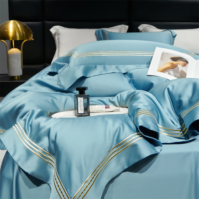 91家纺网 家纺一手货源 找家纺 榻尚家居2023新款 TS80LF天丝奥地利莱赛尔天丝四件套 格调 柔蓝