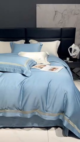 91家纺网 家纺一手货源 找家纺 榻尚家居2023新款 TS80LF天丝奥地利莱赛尔天丝四件套 格调 柔蓝