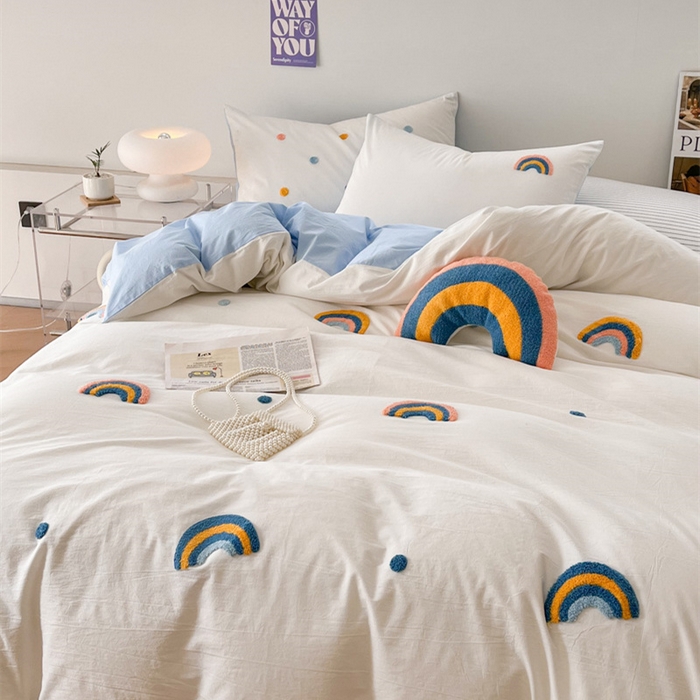 91家纺网 家纺一手货源 找家纺 慕尚家纺 2025新款全棉水洗棉毛巾绣四件套 彩虹-白蓝