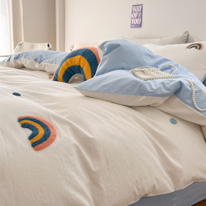 91家纺网 家纺一手货源 找家纺 慕尚家纺 2025新款全棉水洗棉毛巾绣四件套 彩虹-白蓝