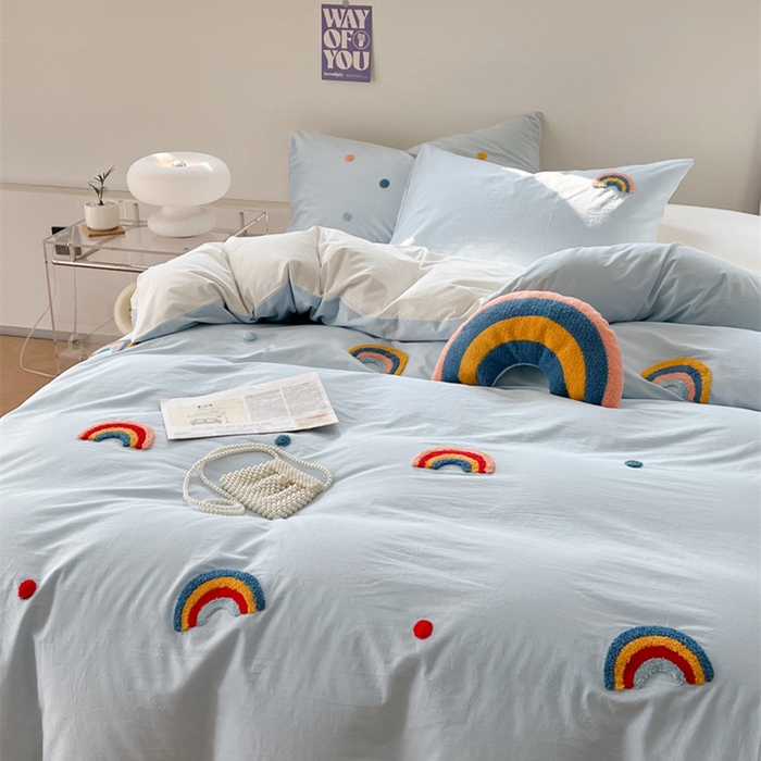 91家纺网 家纺一手货源 找家纺 慕尚家纺 2025新款全棉水洗棉毛巾绣四件套 彩虹-蓝白