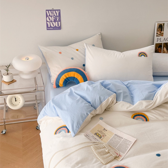 91家纺网 家纺一手货源 找家纺 慕尚家纺 2025新款全棉水洗棉毛巾绣四件套 彩虹-白蓝