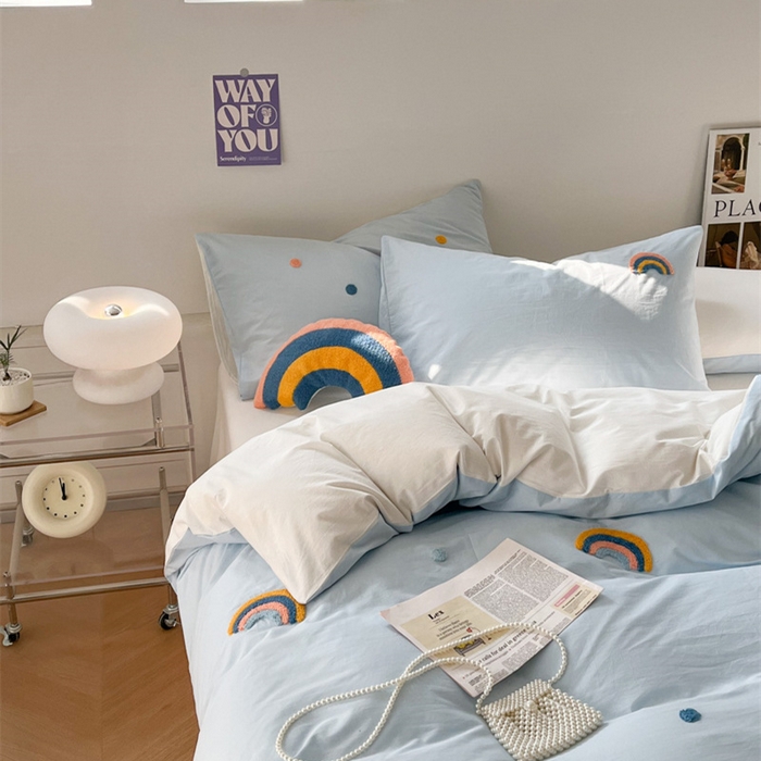 91家纺网 家纺一手货源 找家纺 慕尚家纺 2025新款全棉水洗棉毛巾绣四件套 彩虹-蓝白