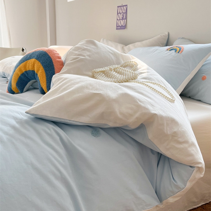 91家纺网 家纺一手货源 找家纺 慕尚家纺 2025新款全棉水洗棉毛巾绣四件套 彩虹-蓝白