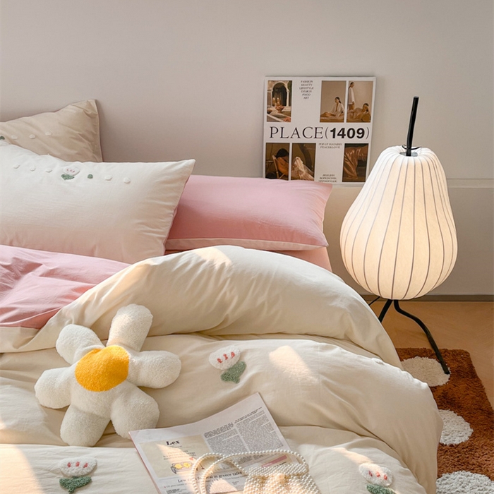 91家纺网 家纺一手货源 找家纺 慕尚家纺 2025新款全棉水洗棉毛巾绣四件套 郁金香-白粉