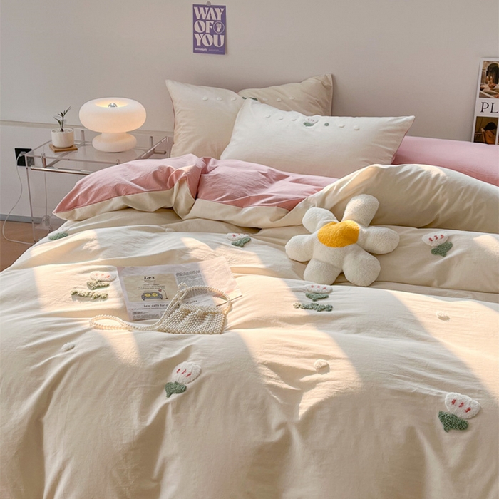 91家纺网 家纺一手货源 找家纺 慕尚家纺 2025新款全棉水洗棉毛巾绣四件套 郁金香-白粉