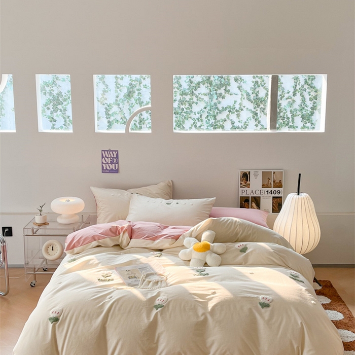 91家纺网 家纺一手货源 找家纺 慕尚家纺 2025新款全棉水洗棉毛巾绣四件套 郁金香-白粉