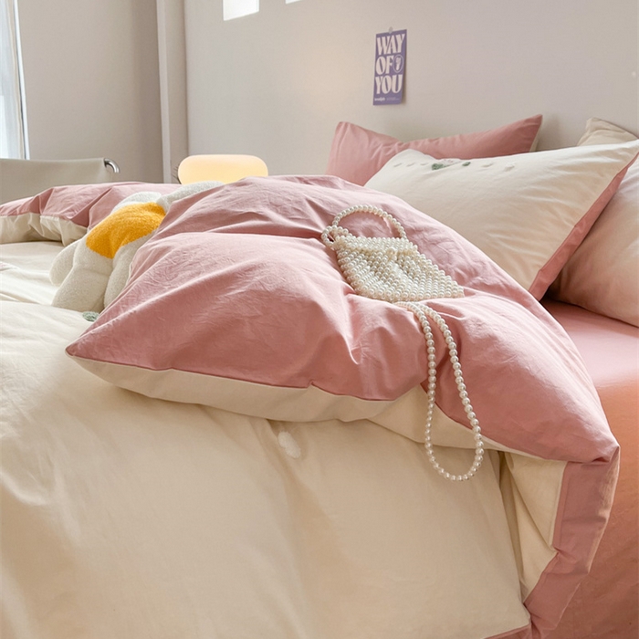 91家纺网 家纺一手货源 找家纺 慕尚家纺 2025新款全棉水洗棉毛巾绣四件套 郁金香-白粉