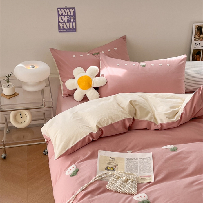 91家纺网 家纺一手货源 找家纺 慕尚家纺 2025新款全棉水洗棉毛巾绣四件套 郁金香-粉米