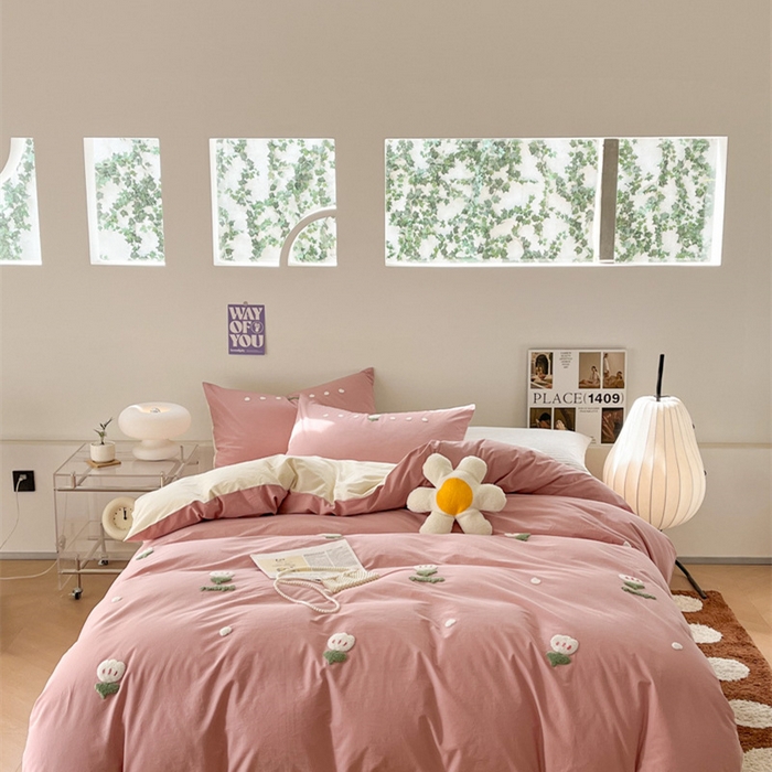 91家纺网 家纺一手货源 找家纺 慕尚家纺 2025新款全棉水洗棉毛巾绣四件套 郁金香-粉米