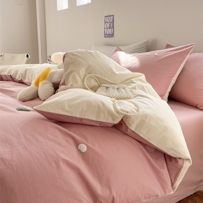 91家纺网 家纺一手货源 找家纺 慕尚家纺 2025新款全棉水洗棉毛巾绣四件套 郁金香-粉米