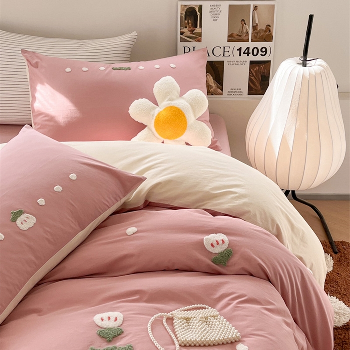 91家纺网 家纺一手货源 找家纺 慕尚家纺 2025新款全棉水洗棉毛巾绣四件套 郁金香-粉米