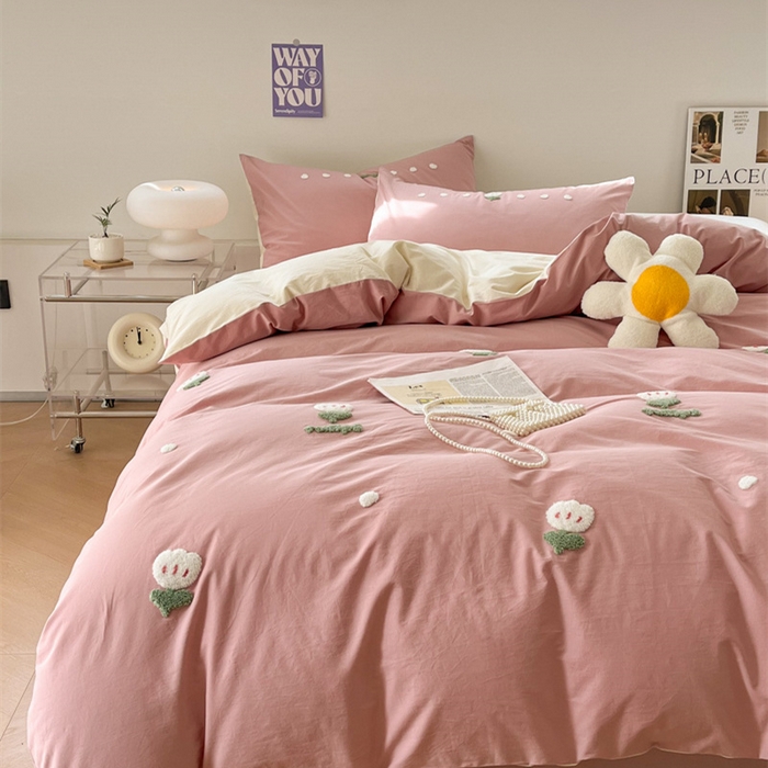 91家纺网 家纺一手货源 找家纺 慕尚家纺 2025新款全棉水洗棉毛巾绣四件套 郁金香-粉米