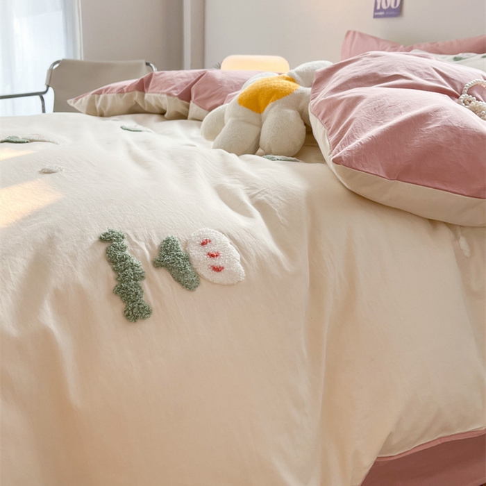 91家纺网 家纺一手货源 找家纺 慕尚家纺 2025新款全棉水洗棉毛巾绣四件套 郁金香-白粉