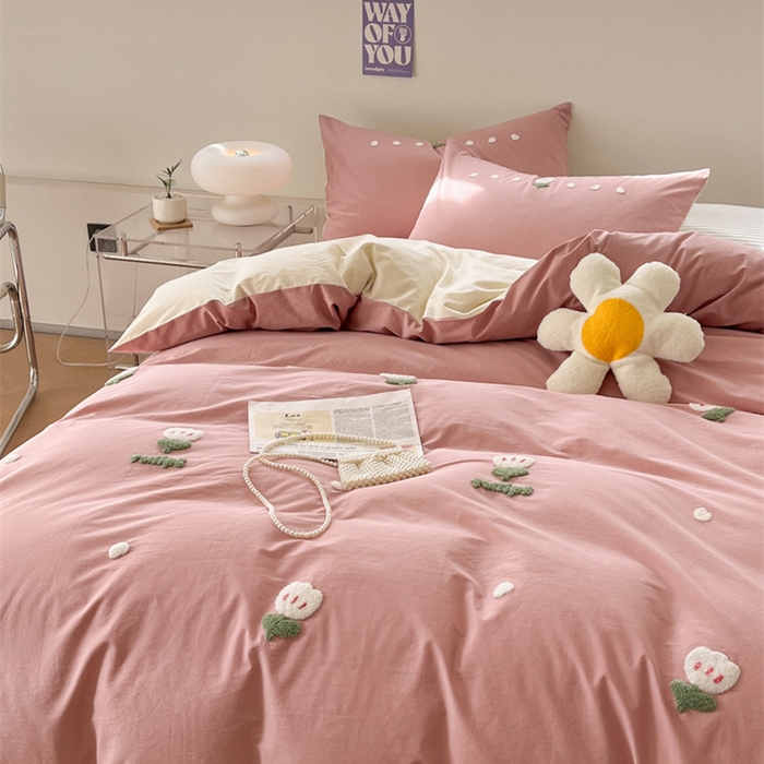 91家纺网 家纺一手货源 找家纺 慕尚家纺 2025新款全棉水洗棉毛巾绣四件套 郁金香-粉米