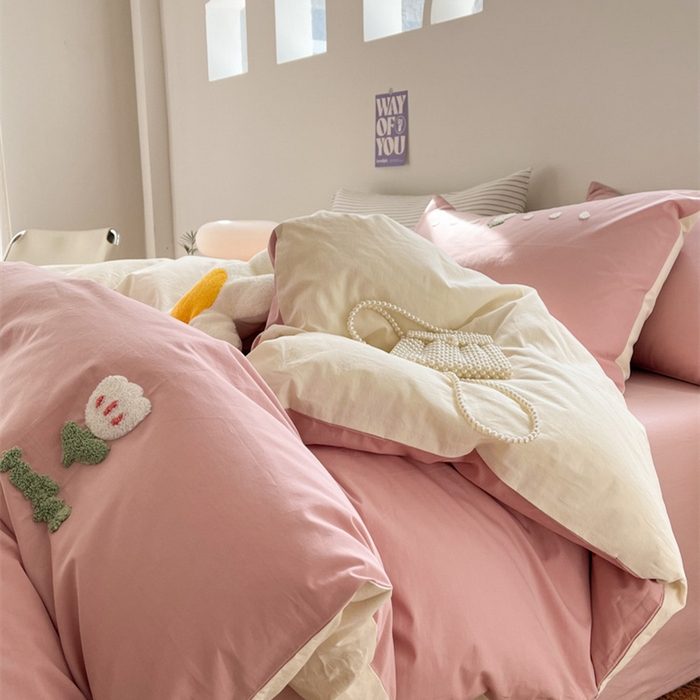 91家纺网 家纺一手货源 找家纺 慕尚家纺 2025新款全棉水洗棉毛巾绣四件套 郁金香-粉米