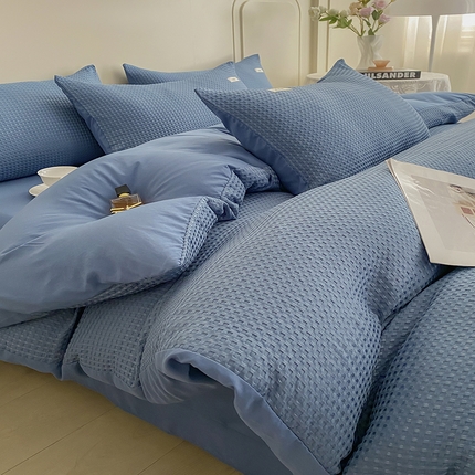 91家纺网 家纺一手货源 找家纺 仟网汇 2023爆款华夫格-森语系列 四件套 牛仔蓝