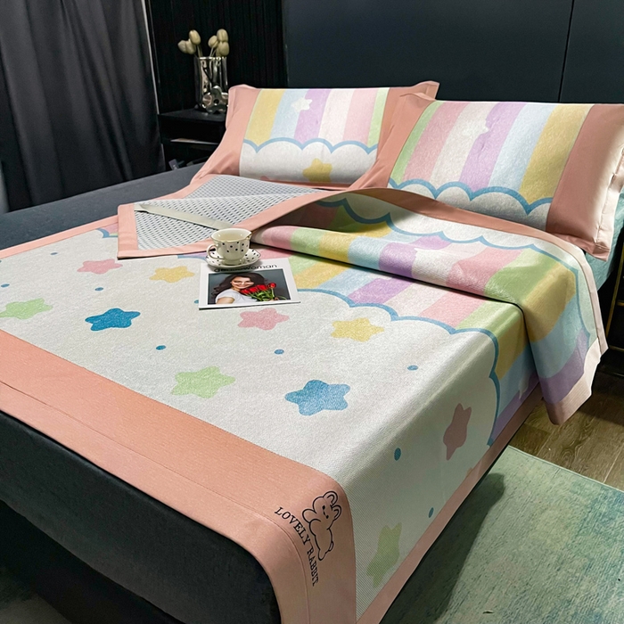 91家纺网 家纺一手货源 找家纺 慕尚家纺 2025新款冰藤席 彩虹星星