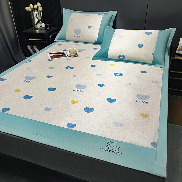 91家纺网 家纺一手货源 找家纺 慕尚家纺 2025新款冰藤席 爱心蓝