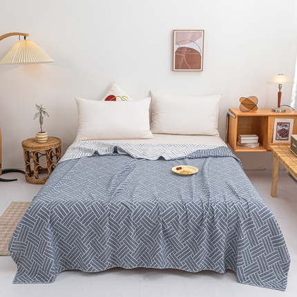 卡奥 2024款花系全棉水洗三层纱毛巾被盖毯毛毯 几何-蓝