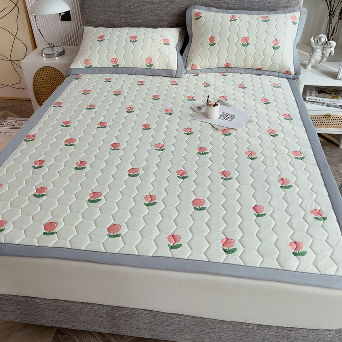 91家纺网 家纺一手货源 找家纺 慕尚家纺 2025新款加厚印花乳胶席凉感丝乳胶凉席 郁金香粉