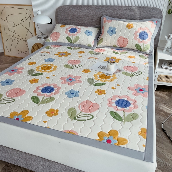 91家纺网 家纺一手货源 找家纺 慕尚家纺 2025新款加厚印花乳胶席凉感丝乳胶凉席 向日葵