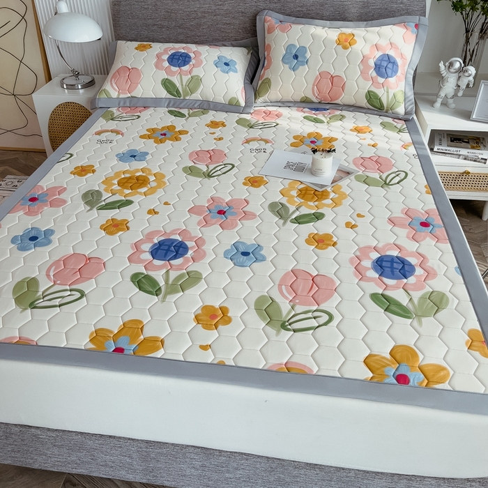 91家纺网 家纺一手货源 找家纺 慕尚家纺 2025新款加厚印花乳胶席凉感丝乳胶凉席 向日葵