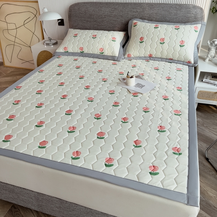 91家纺网 家纺一手货源 找家纺 慕尚家纺 2025新款加厚印花乳胶席凉感丝乳胶凉席 郁金香粉