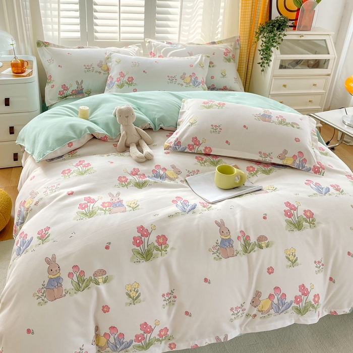 91家纺网 家纺一手货源 找家纺 金丝兔 2023新款高克重植物羊绒生态加厚磨毛印花四件套 花园兔