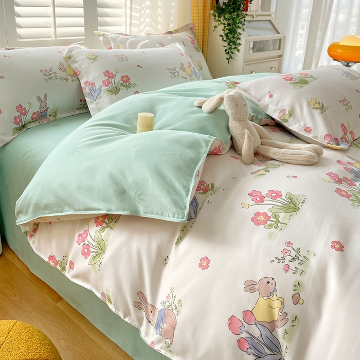 91家纺网 家纺一手货源 找家纺 金丝兔 2023新款高克重植物羊绒生态加厚磨毛印花四件套 花园兔