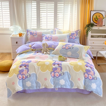 91家纺网 家纺一手货源 找家纺 金丝兔 2023新款高克重植物羊绒生态加厚磨毛印花四件套 黛菲兔