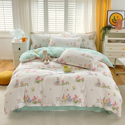 91家纺网 家纺一手货源 找家纺 金丝兔 2023新款高克重植物羊绒生态加厚磨毛印花四件套 花园兔